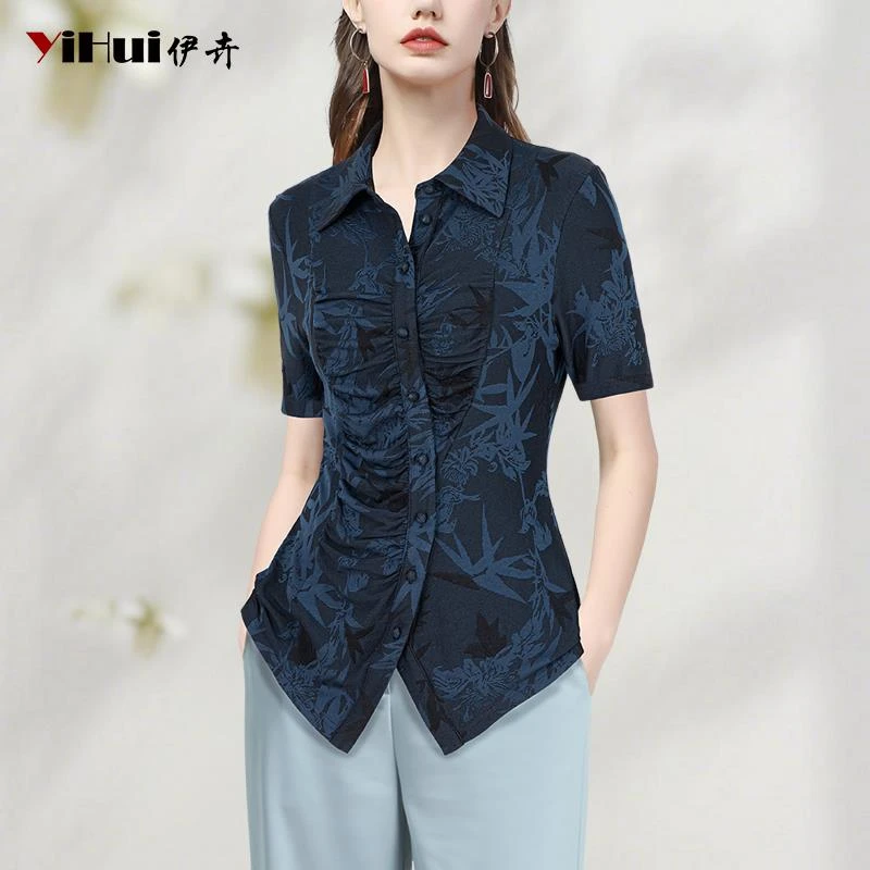 YIHUI伊卉提花衬衫针织衫女短袖上衣弹力收腰显瘦衬衣春SC255706