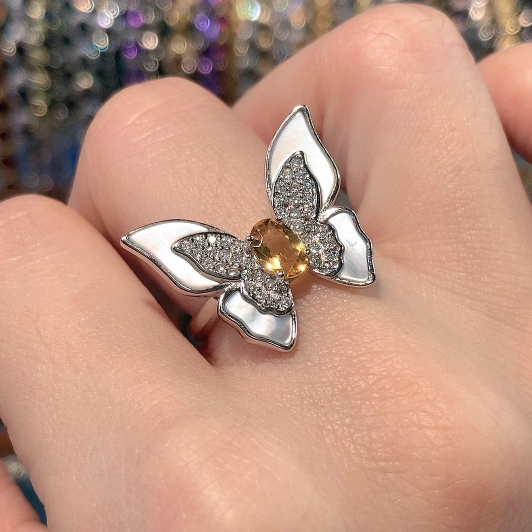 黄晶戒指银S925镶嵌戴贝母戒指