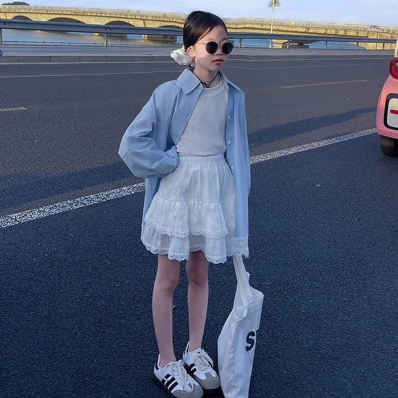 女童蕾丝拼接蓝色防晒衬衫2025夏季新款宽松设计感度假风背心外套