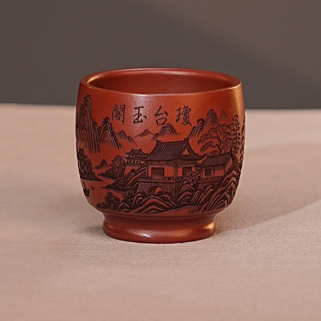 宜兴喝茶杯紫砂主人杯品茗杯功夫茶杯精品楼阁杯刻绘楼阁茶具家用