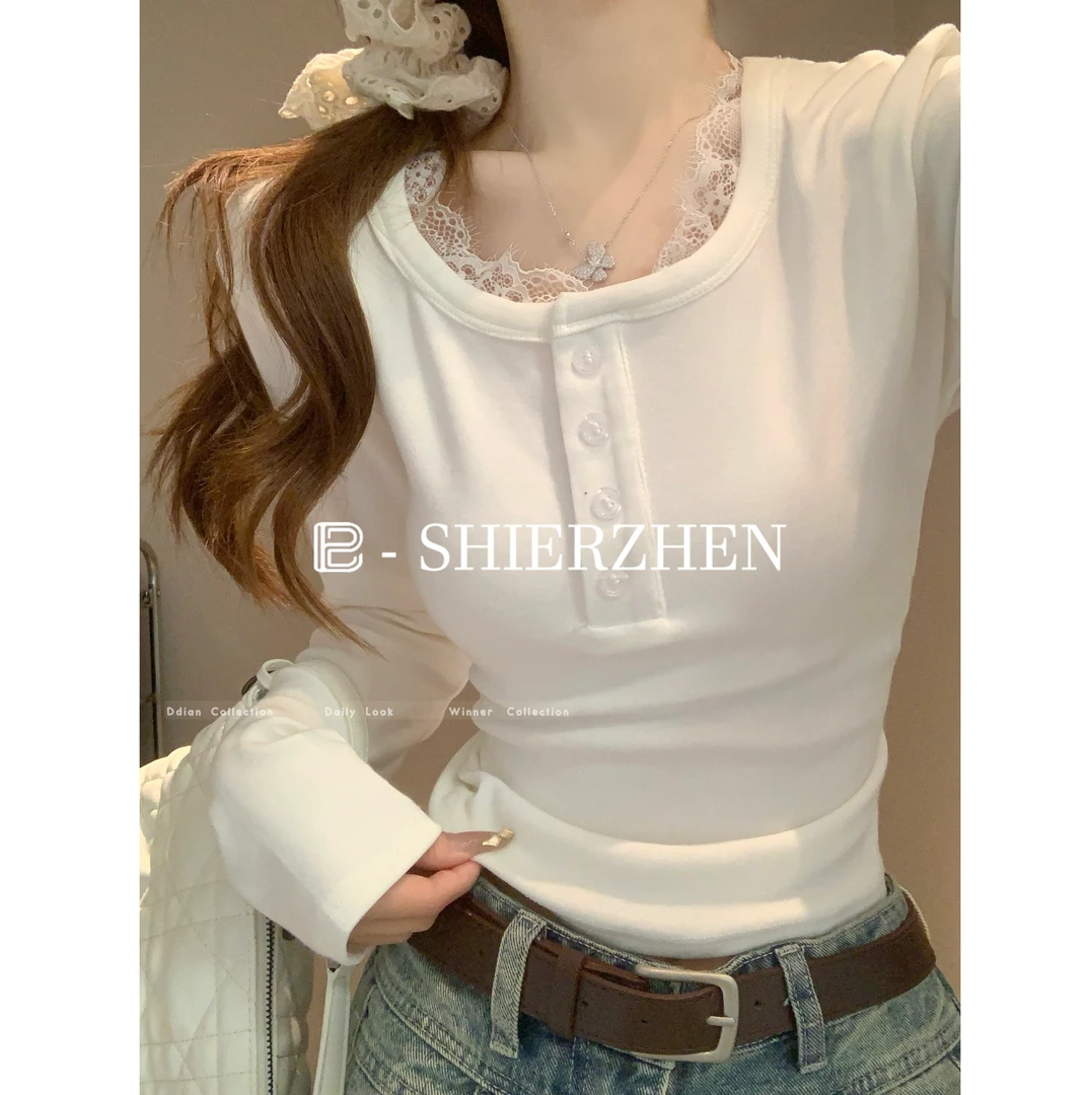 2025早春韩版纯欲蕾丝花边拼接百搭u领慕斯羊绒设计感T恤上衣女