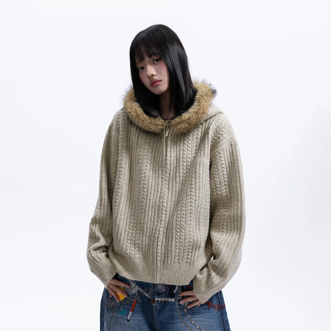 【双旦好物】WHOOSIS（不知其名）美式复古扭花连帽开衫毛衣时尚针织