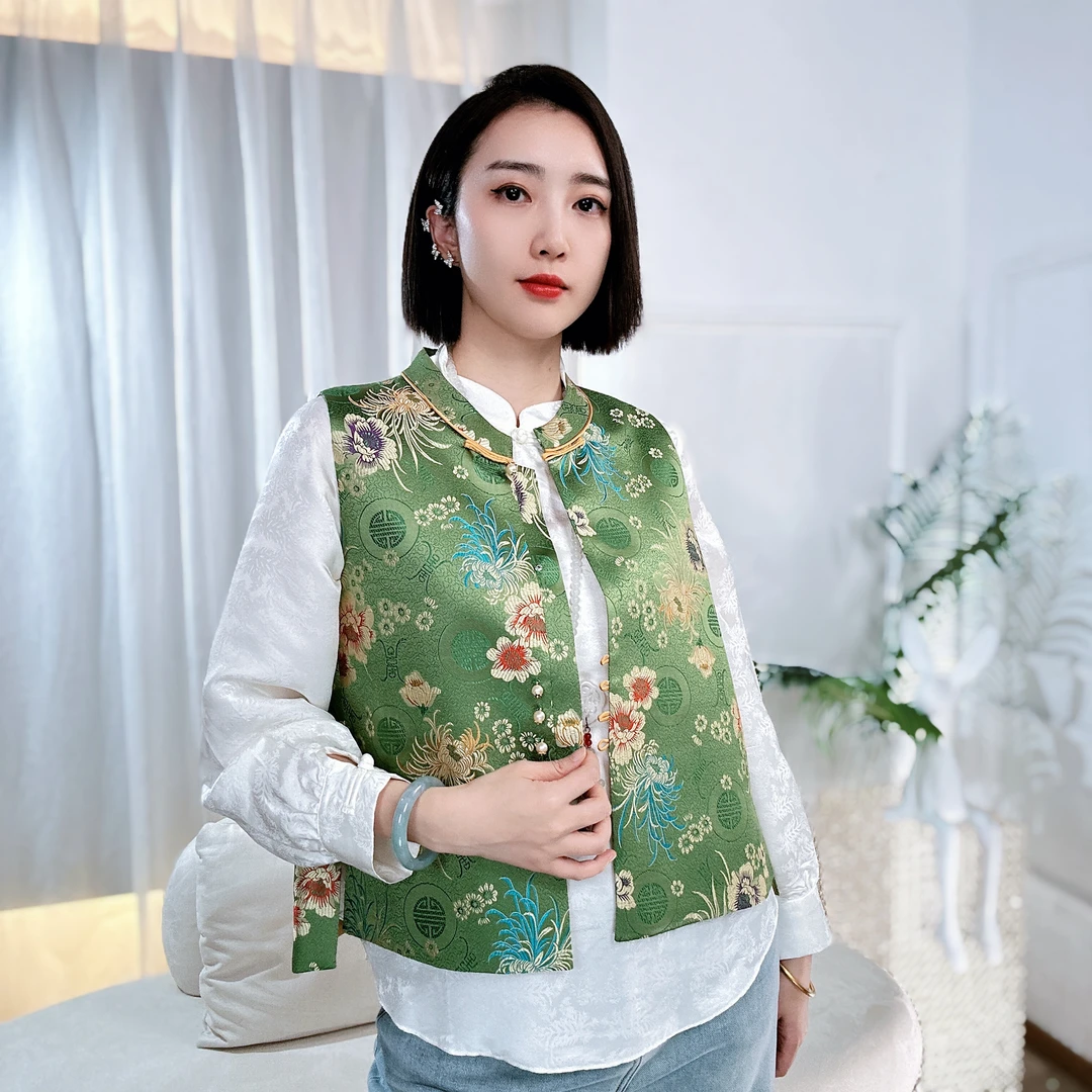 新中式网红款休闲气质桑蚕丝宋锦立领时尚潮牌马夹女装HF-870021