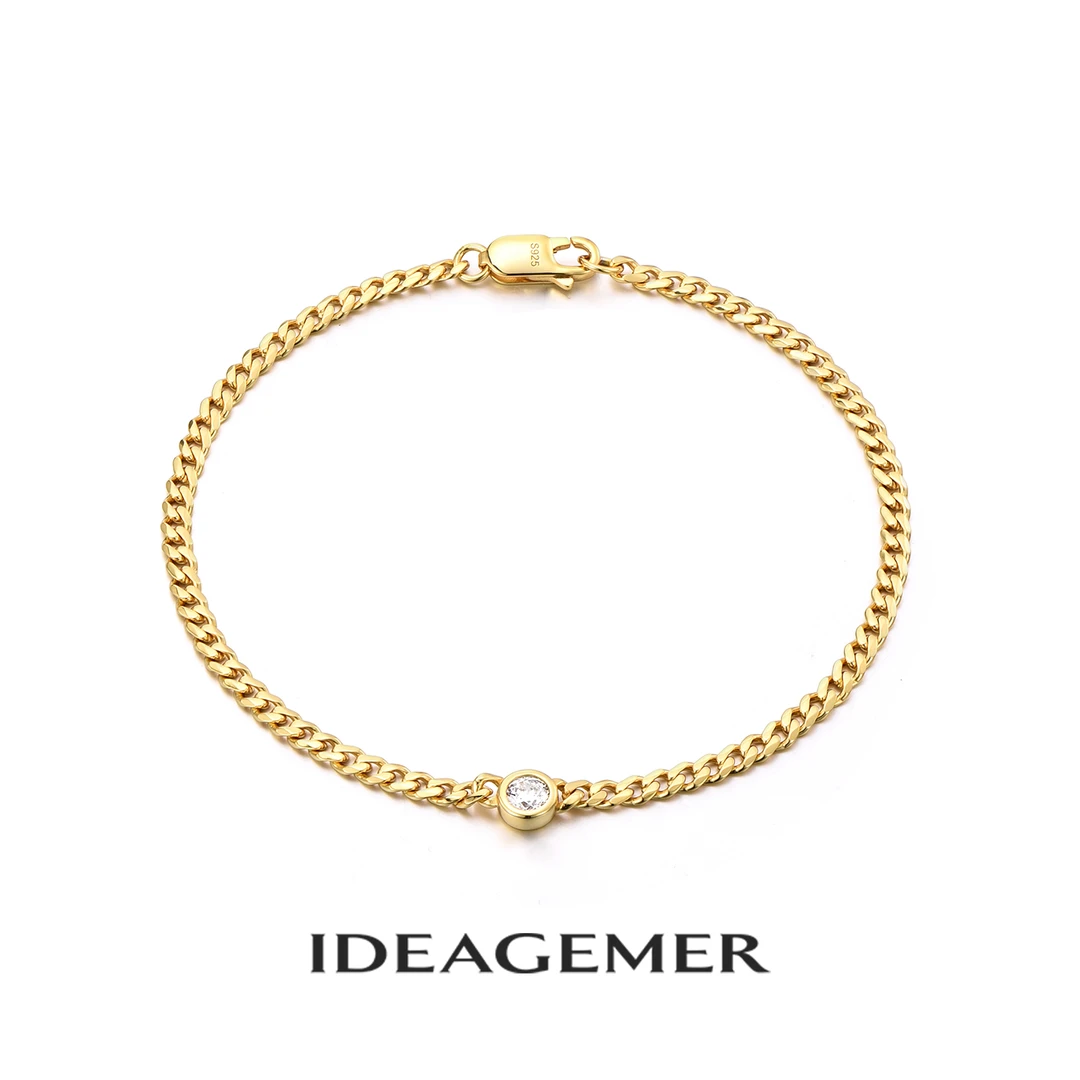 ideagemer 925银手链 时尚古巴镶钻手链男高级感个性百搭手链