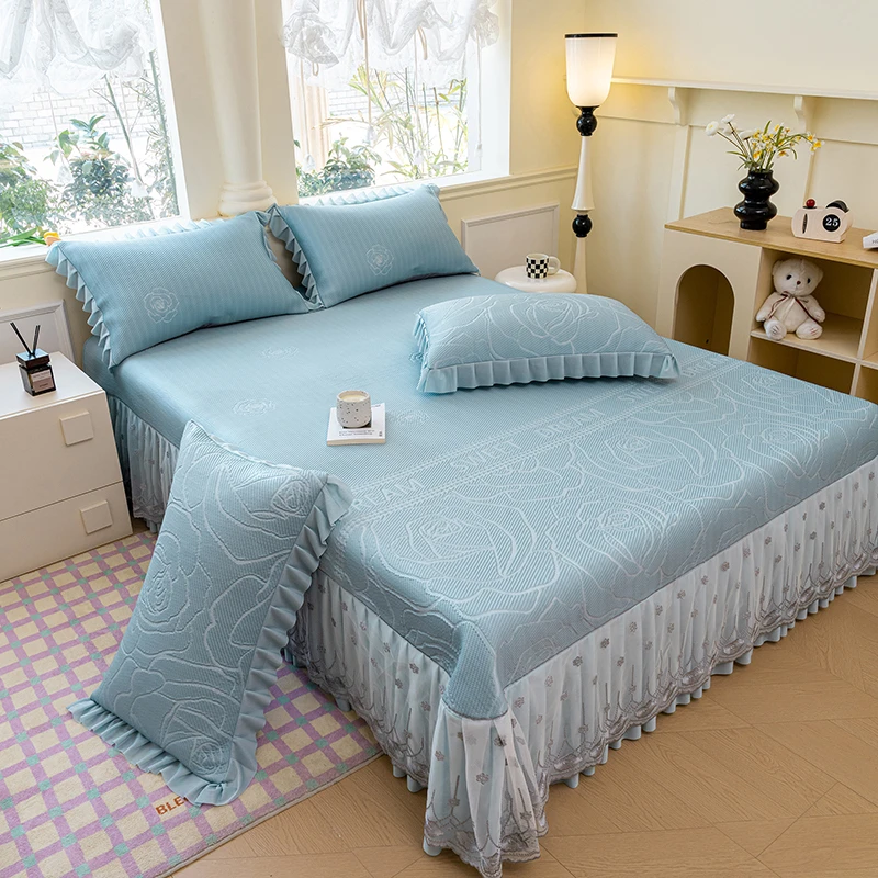 玫瑰花提花凉感PE凉席冰丝席三件套床裙款空调席家用夏季款软席子