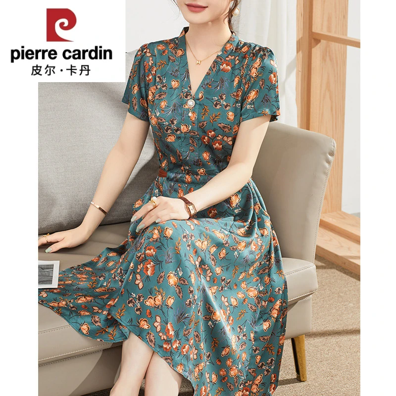 皮尔卡丹妈妈夏装领时尚连衣裙母亲节中老年女洋气短袖裙子气