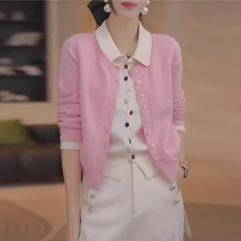 假两件针织衫女开衫彩扣翻领毛衣春2025新款内搭减龄打底宽松上衣