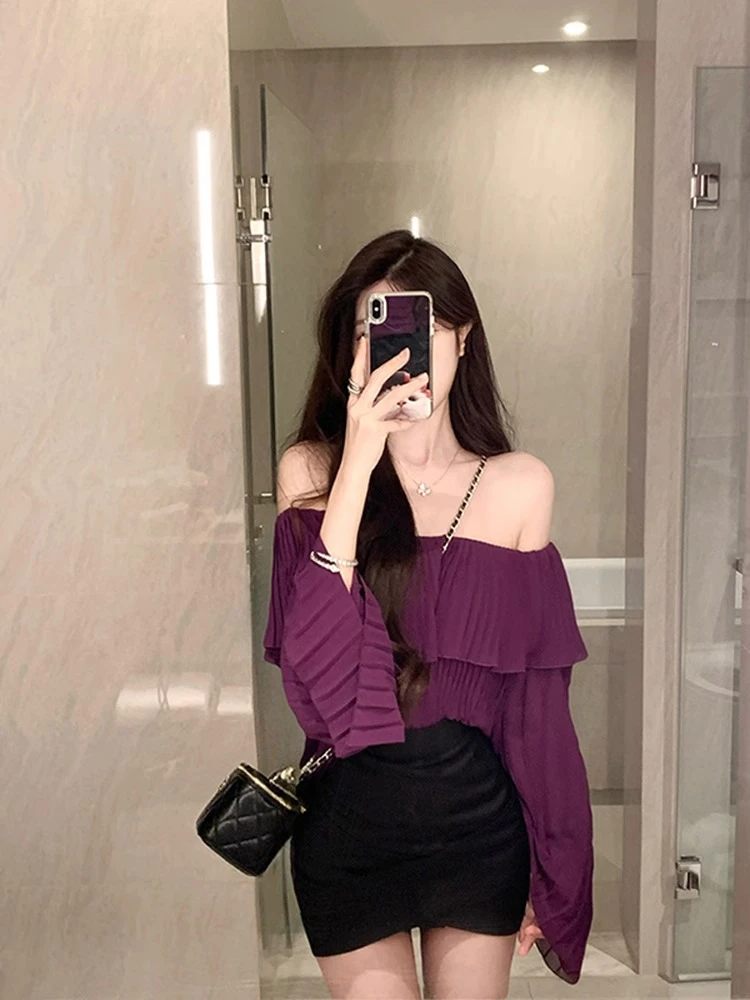 【温柔清沙】法式一字肩衬衫女显瘦高腰半裙春季新款小个子气质套装