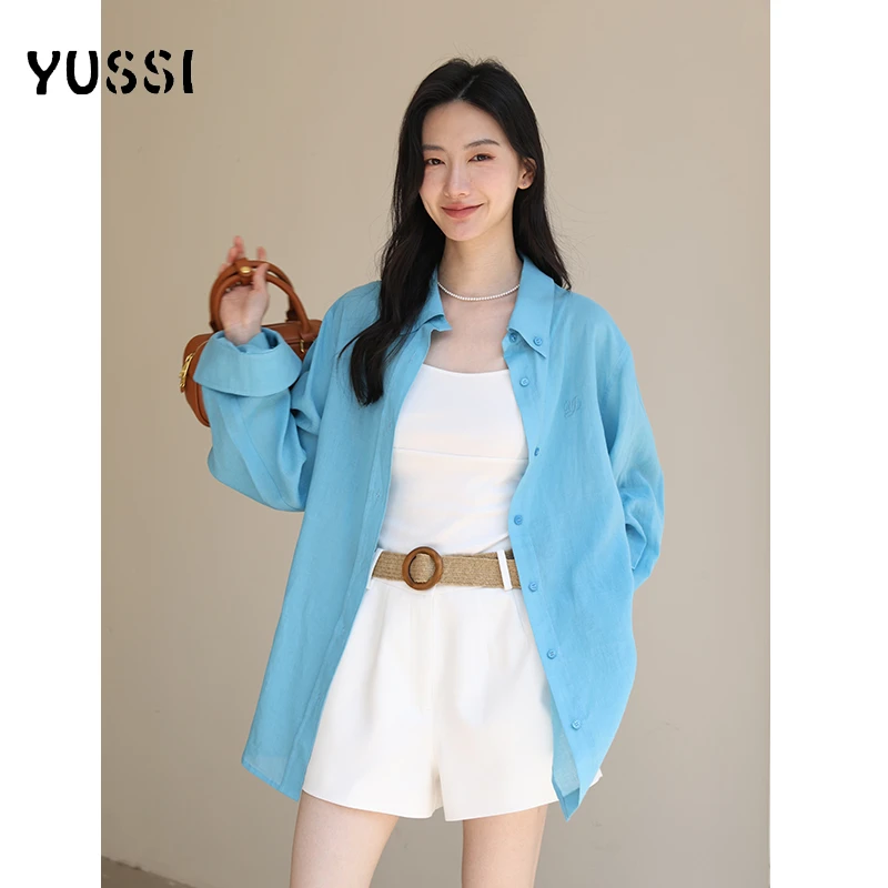 YUSSI苎麻蓝色防晒衬衫女2025夏季薄款定制贝壳扣长袖宽松开衫女