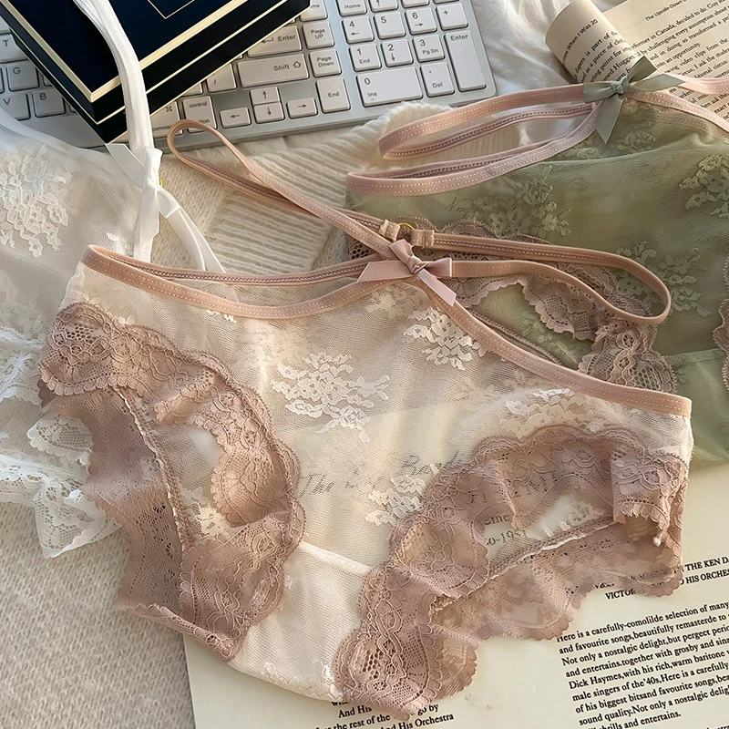 森系控~日系性感蕾丝内裤女士低腰纯欲网纱透气夏季档镂空三角裤