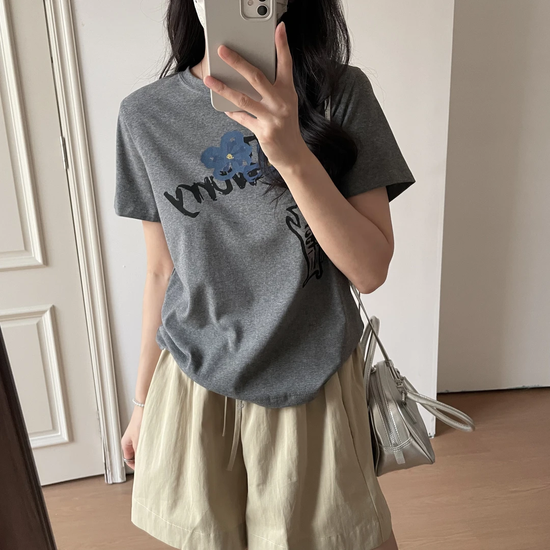 「猫咪字母 花朵涂鸦」透气赛罗棉短袖T恤女 夏季韩版宽松百搭T139
