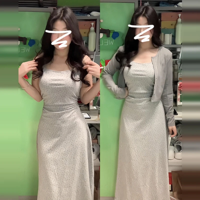 2025年早春新款小个子两件套装黑色碎花吊带连衣裙子女装韩系长裙