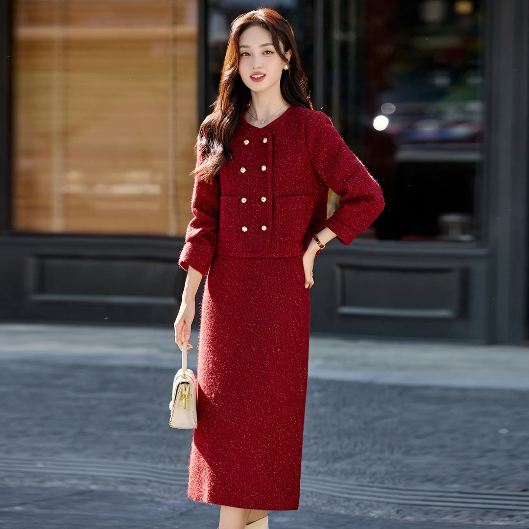 2025秋冬时尚圆领小香风气质外套修身显瘦半身裙两件套裙 YB8950