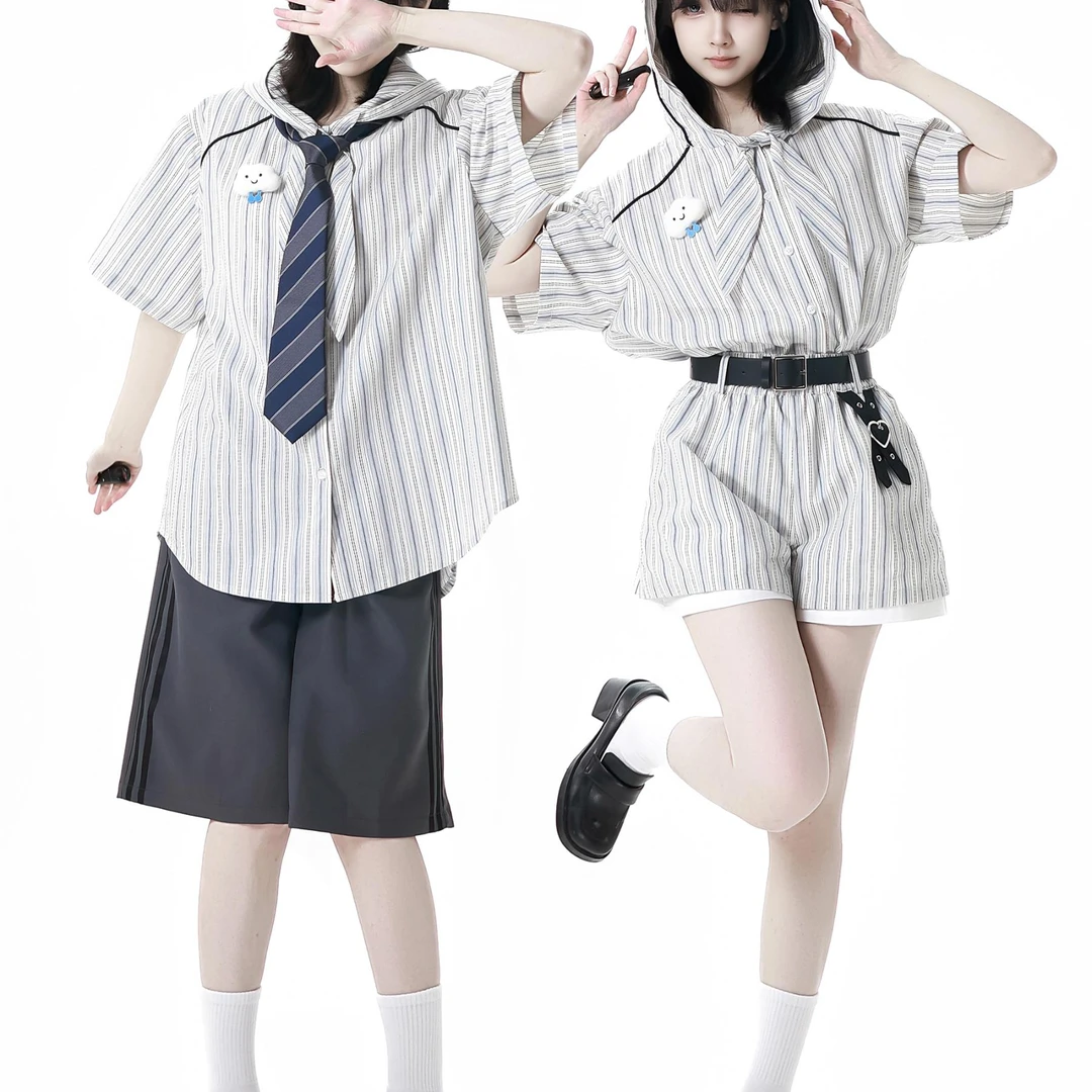 PINKSAVIOR【海盐芝士】夏日条纹休闲衬衫设计套装减龄俏皮