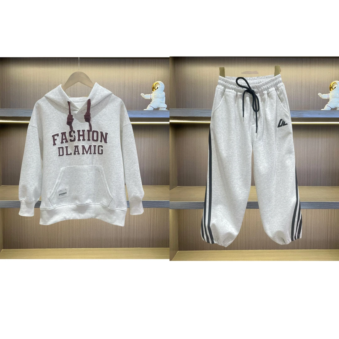 【现货】早春男女童中大童春季套装两件套春秋运动百搭休闲连帽印花