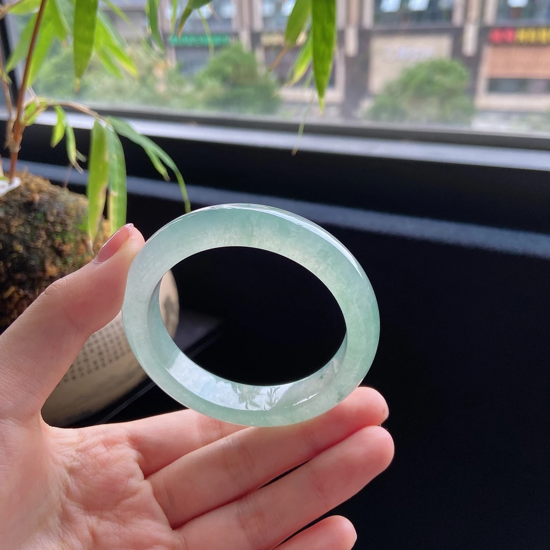 好色珠宝  圈口51缅甸老坑A货冰糯种晴水正圈女款翡翠手镯