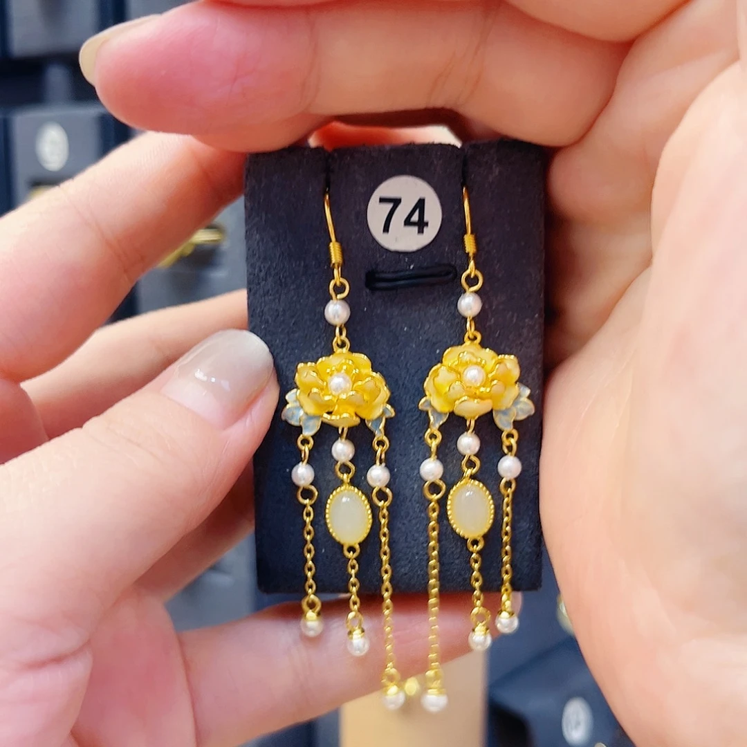 和田玉银S925镀金镶嵌耳饰