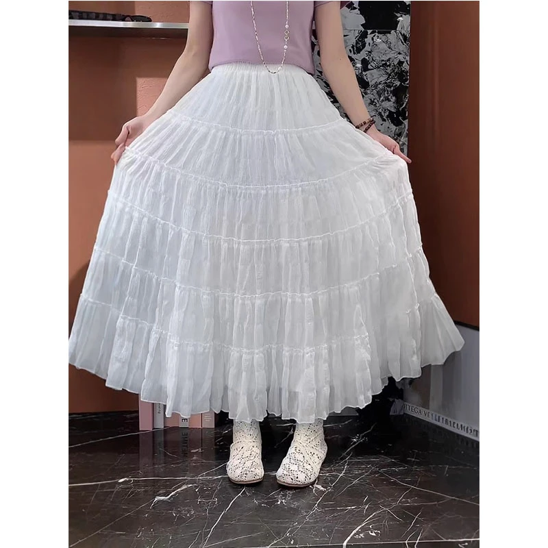 白色半身裙女春秋2025新款法式蕾丝设计感高腰显瘦休闲大摆伞裙女