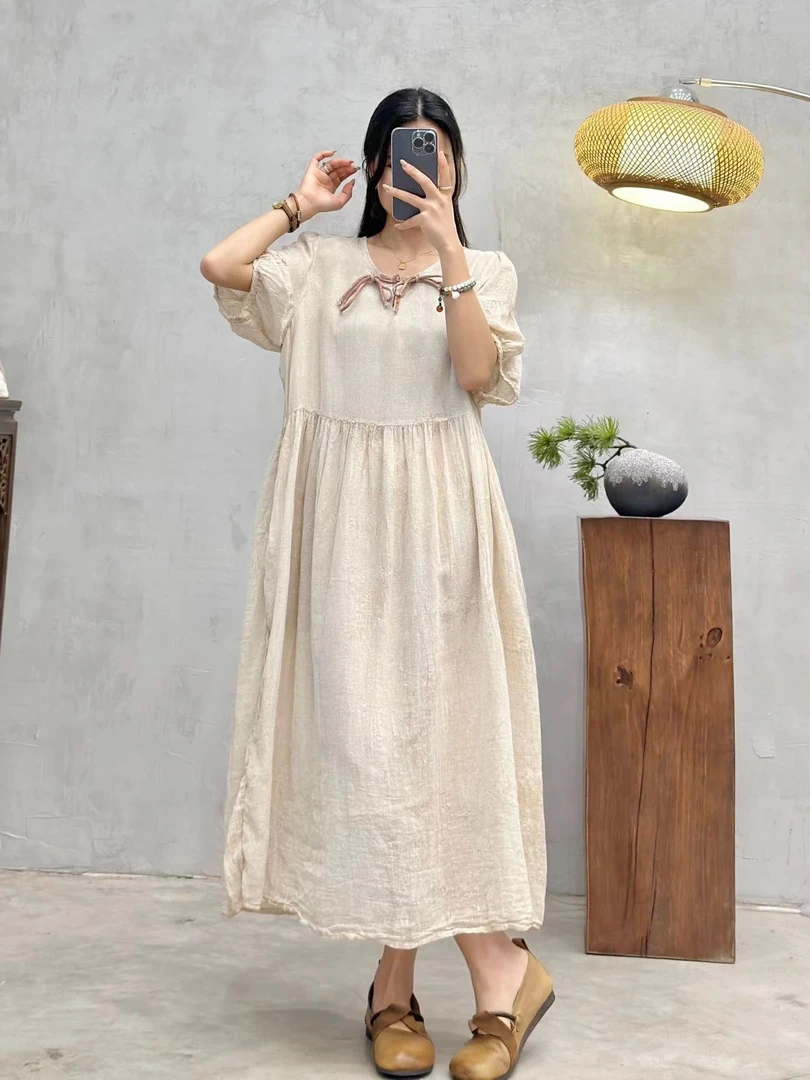 花璟与麻原创设计炒色圆领一粒扣流苏拼接袍裙（裙长118胸围110）