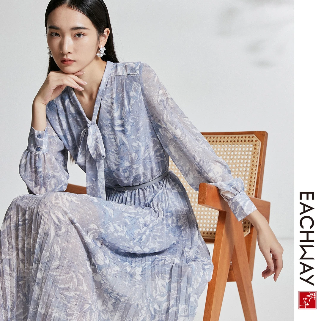 【气质油画裙】系带领百褶裙女秋季优雅印花雪纺连衣裙