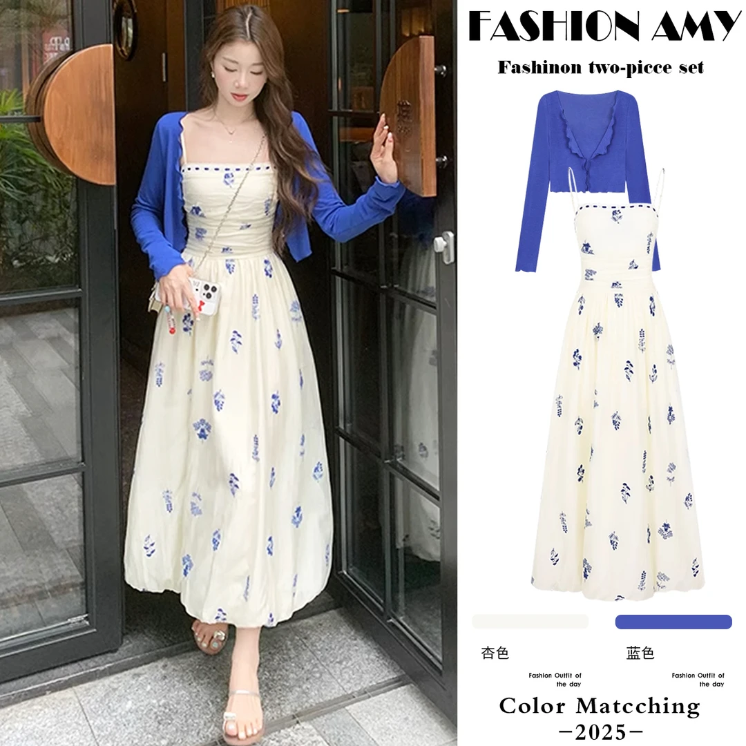 孕妇套装夏季2025新款海边度假碎花刺绣小个子温柔花苞裙防晒开衫