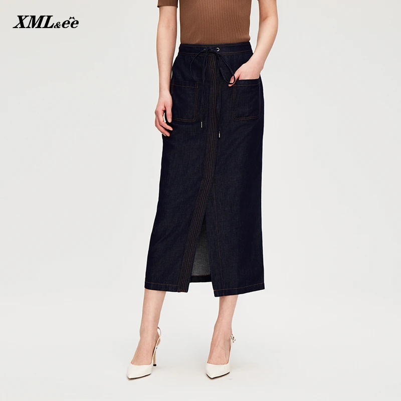 XMLee艾米尔 藏青色牛仔亚麻开叉百搭半身裙 X426Q4922