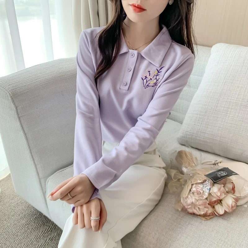 POLO衫春秋季2025年新款女装内搭休闲显瘦刺绣翻领t恤女长袖上衣