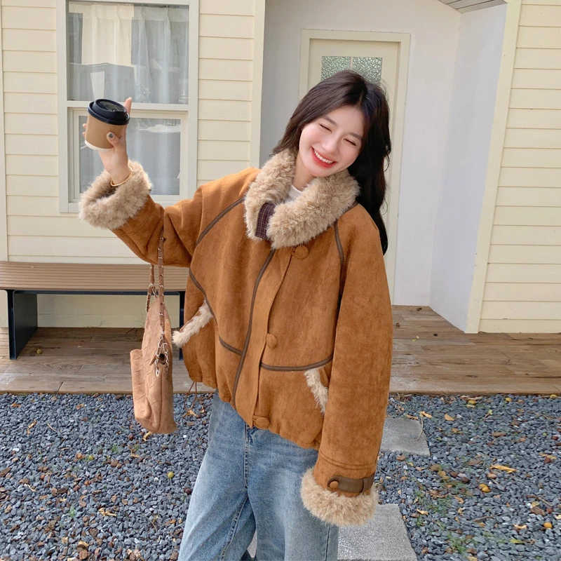 复古甜酷风皮毛一体外套2025冬季新款小众ins氛围感加绒加厚棉服