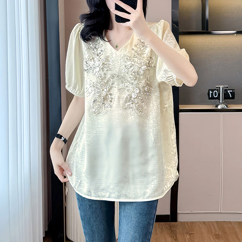 大码短袖衬衫女士夏季新款宽松显瘦时尚遮肉重工烫钻t恤休闲上衣