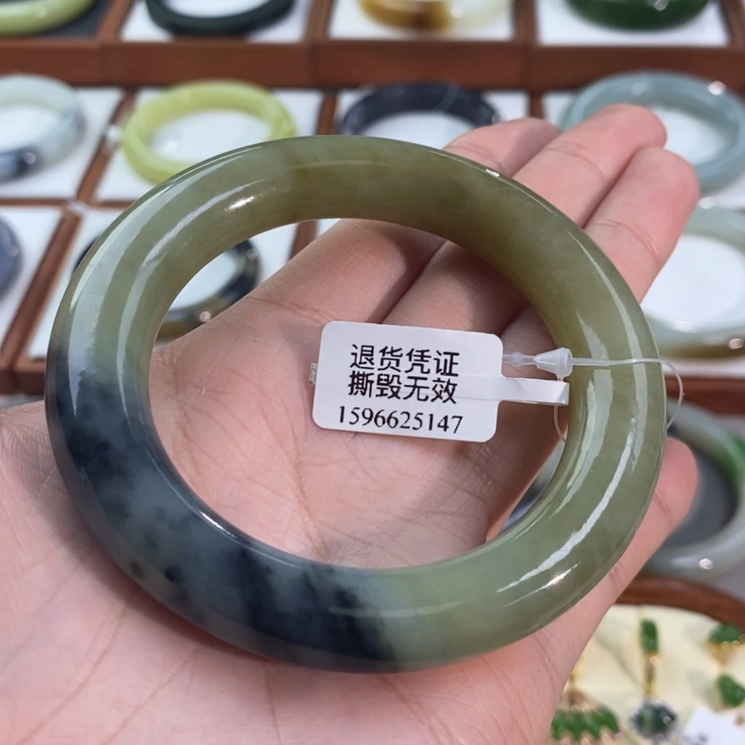 和田玉未镶嵌手镯且末糖黄口飘青花圆条56/57