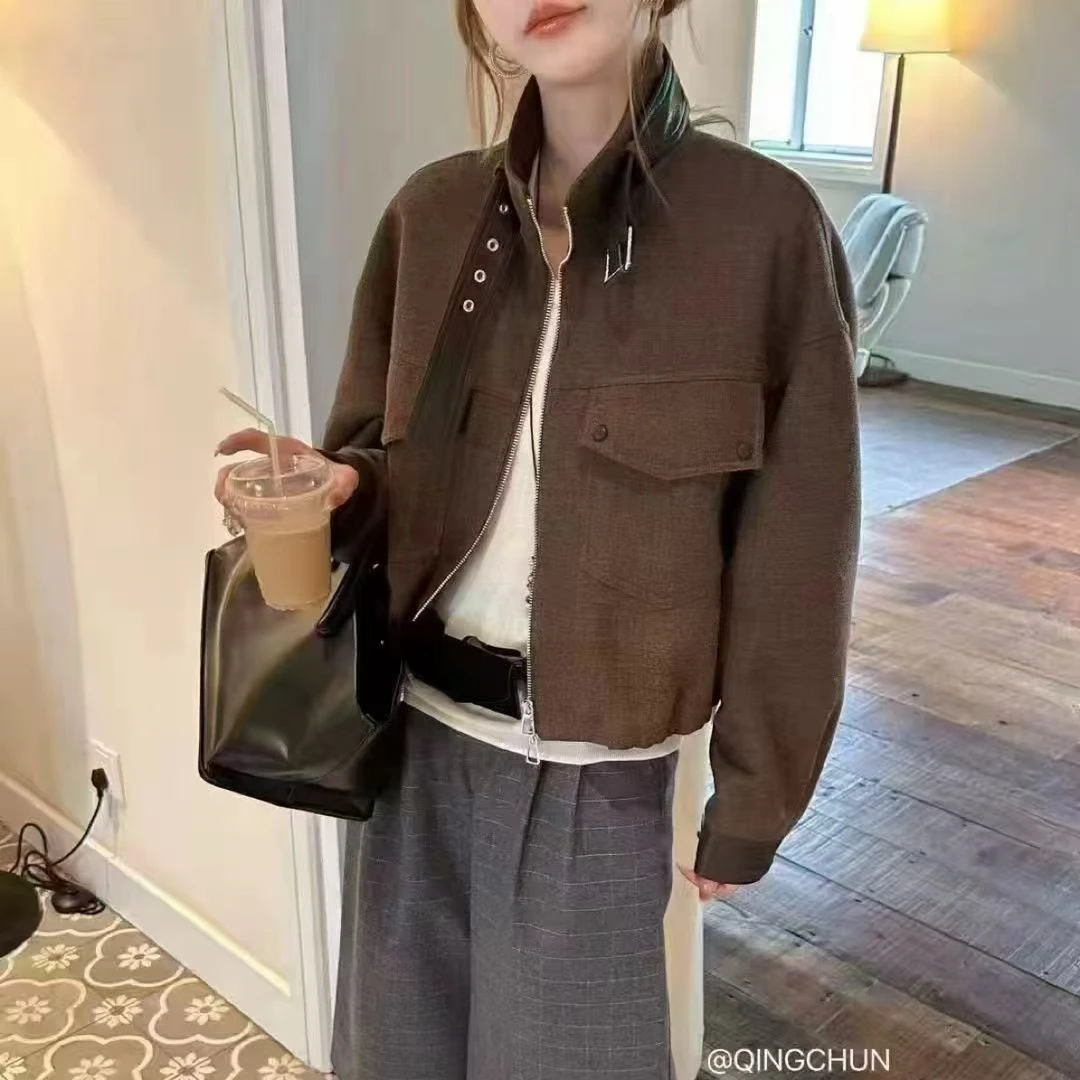 韩系毛呢简约立领短款外套女2025秋季新款休闲百搭夹克上衣671