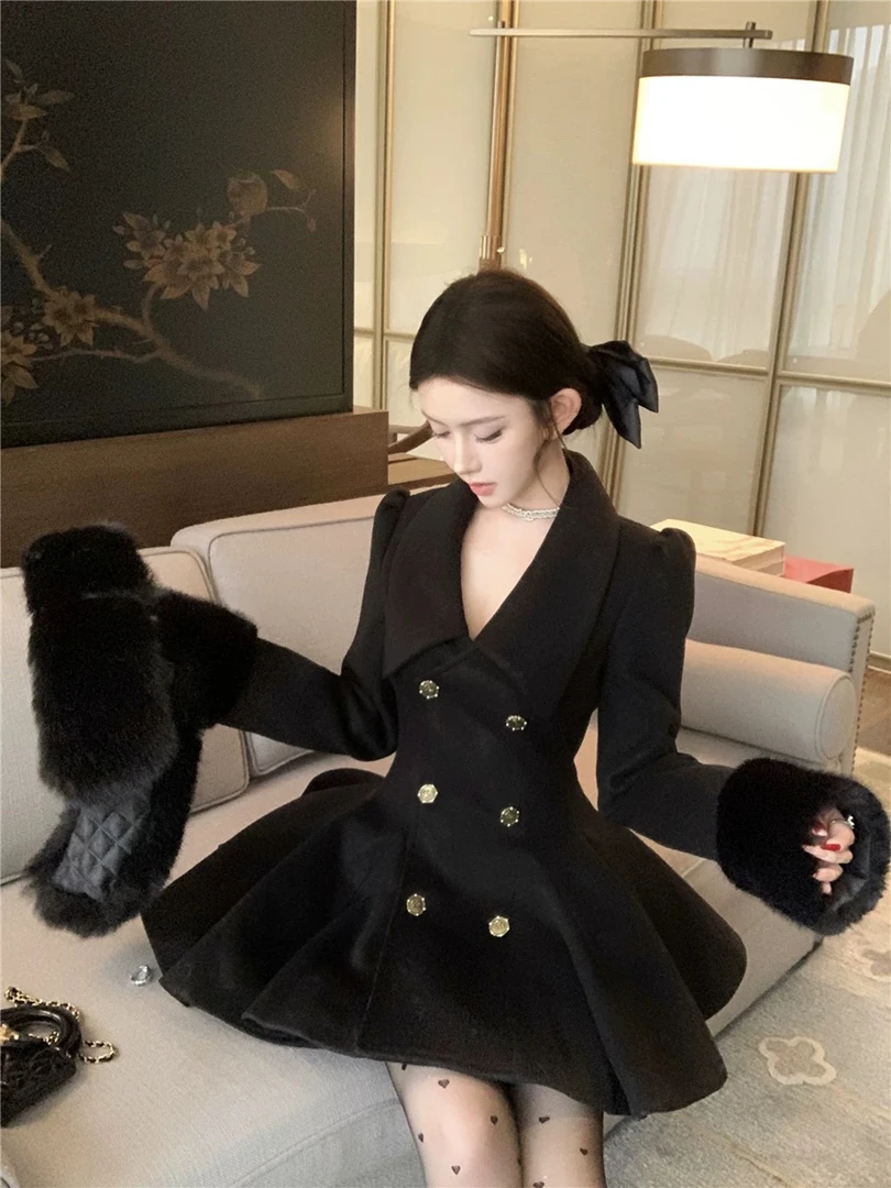 清清价 【赫本序章】夹棉黑色毛毛外套显瘦气质时尚百搭毛呢秋冬