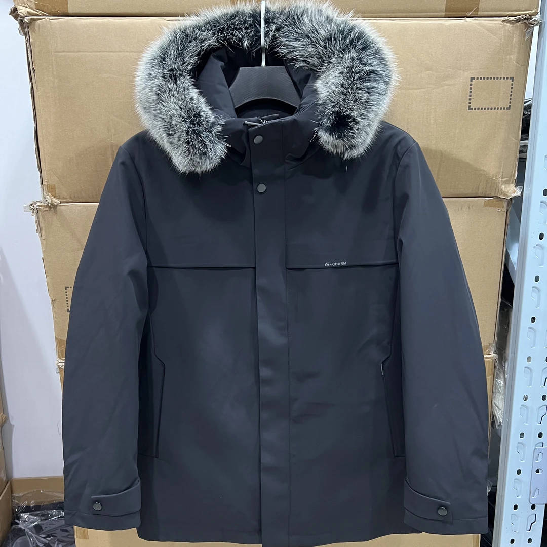 8946撤柜H剪标黑色带帽拉链冬季男 外套羽绒服可拆卸内胆狐狸毛领