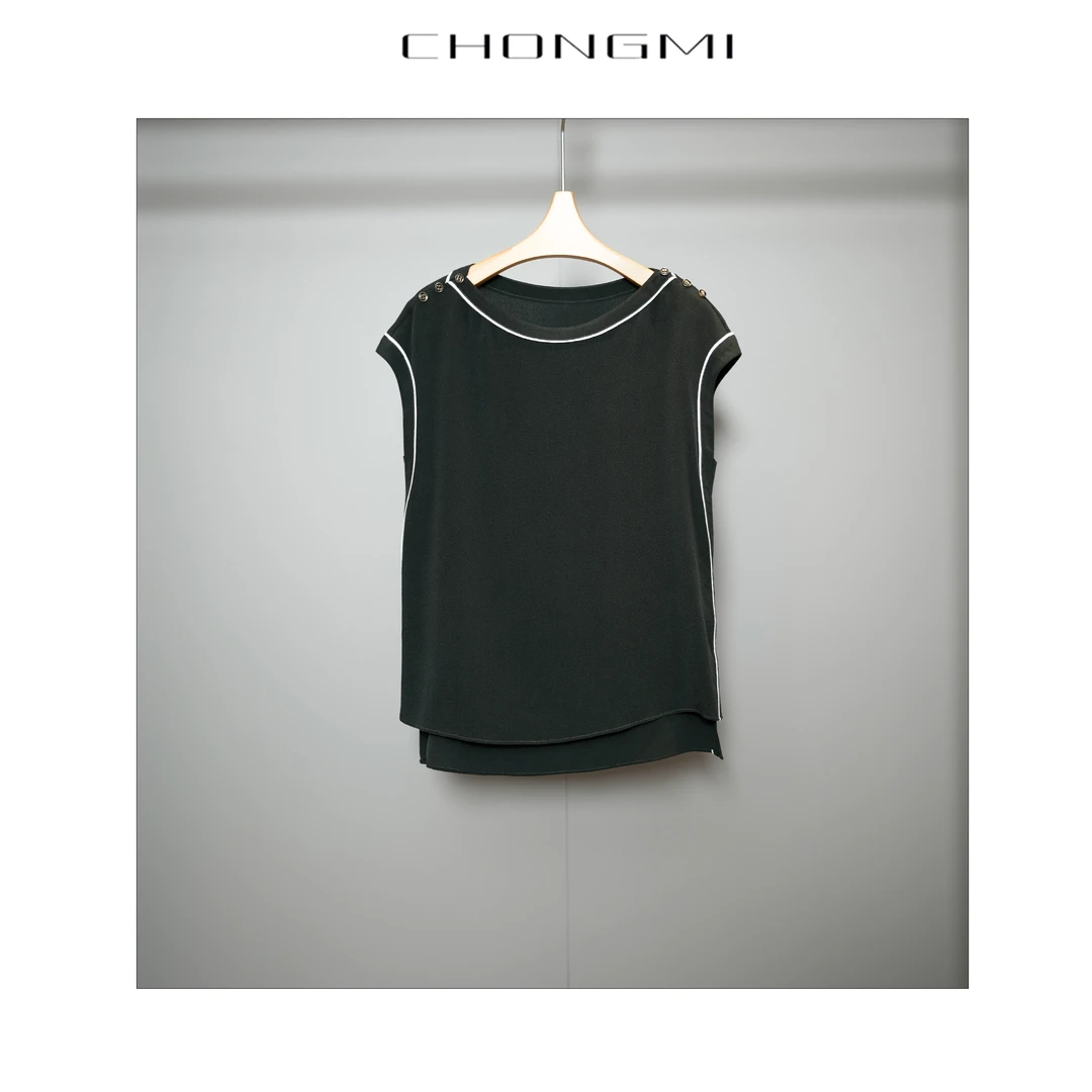 【鬼绉真丝】墨绿色桑蚕丝圆领衬衫女2025夏季新款宽肩时尚上衣P