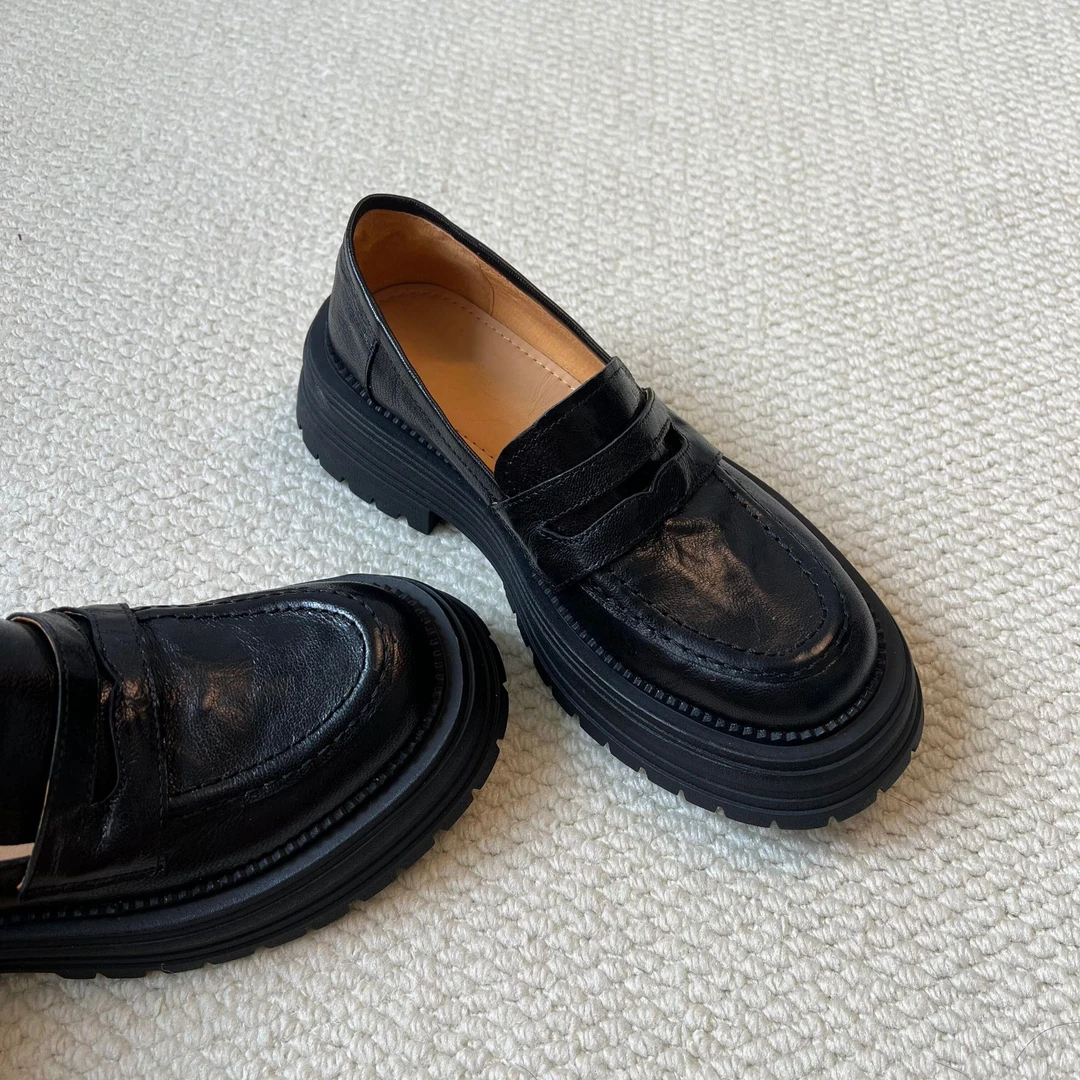 牛皮~真皮厚底乐福鞋女春秋新款黑色复古单鞋一脚蹬英伦风小皮鞋