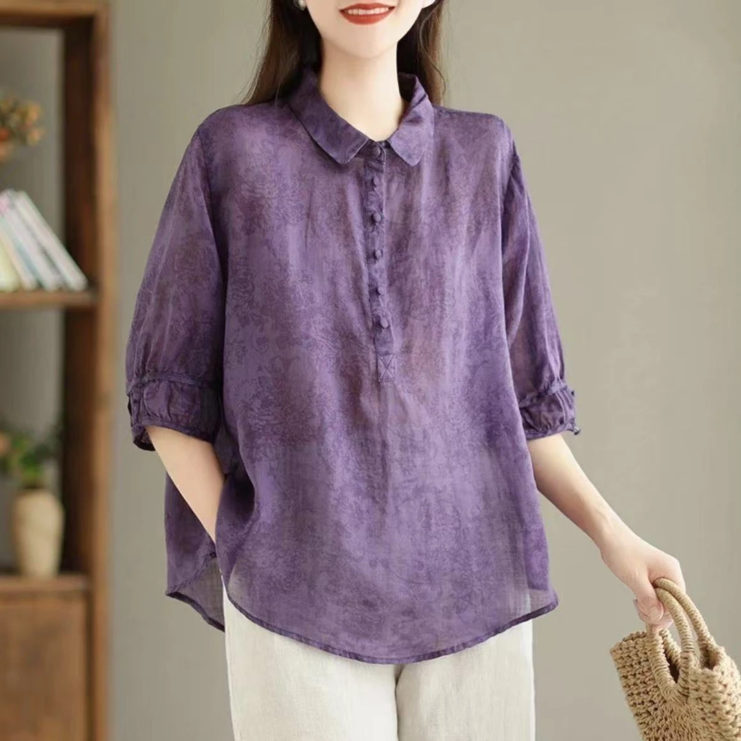 时尚印花翻领衬衫洋气复古女士中袖衬衣显瘦遮肉薄款小衫