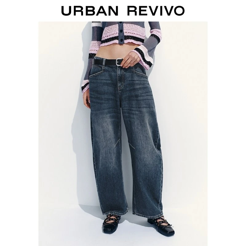 UR2025秋季新款女装丹宁回潮复古腰带弯刀牛仔长裤UYV850127
