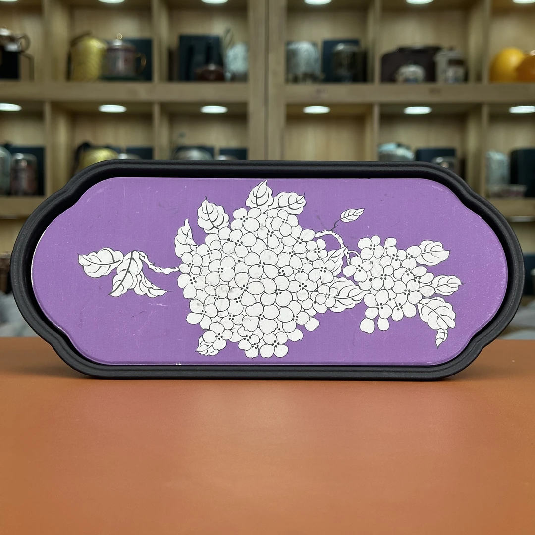 海棠形【白绣球花】紫底-吸水茶盘0557