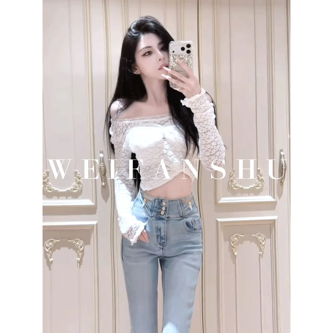 WEIFANSHU/魏凡舒【暮色之恋】秋冬新款一字肩气质百搭蕾丝长袖上衣