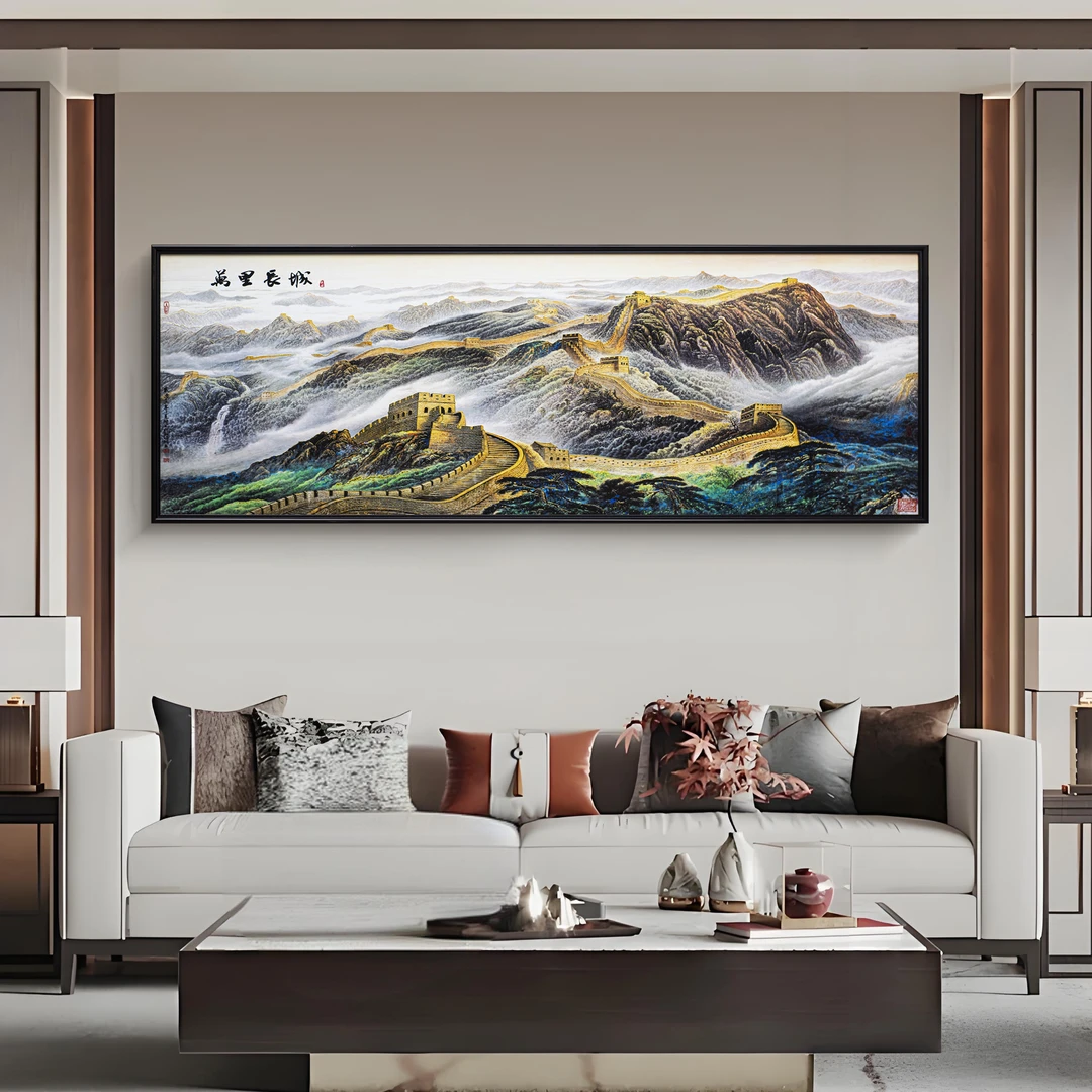 新中式皮革立体掐丝描金装饰画客厅沙发背景挂画万里长城70200