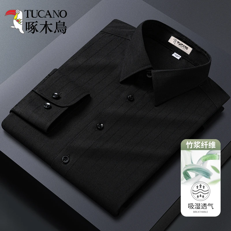 TUCANO/啄木鳥黑色暗条纹长袖衬衫男竹纤维抗皱百搭透气免烫寸衫