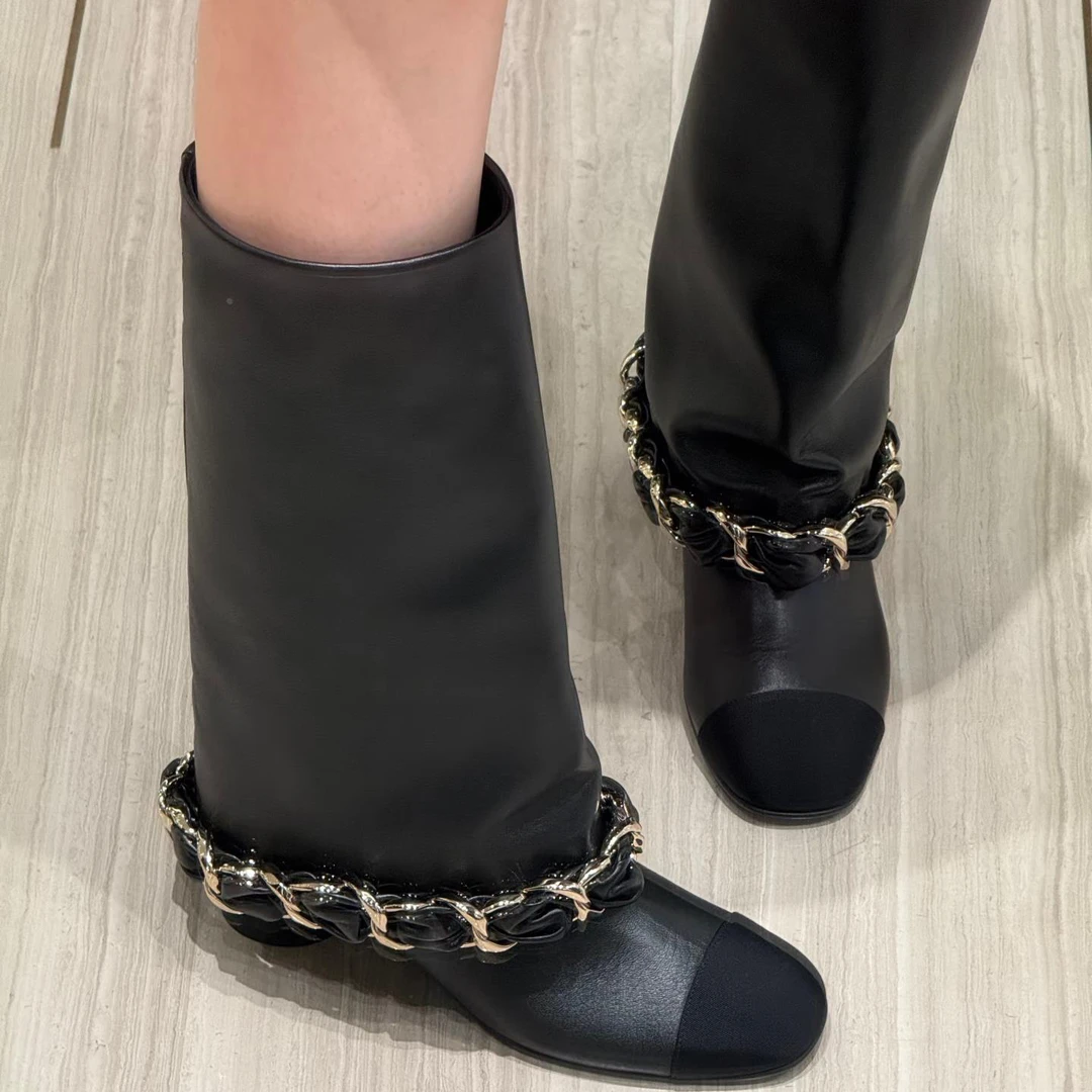 【CBMT旗舰店】CBMT~小香风粗跟高筒金属炼裤管靴女时尚显瘦直筒
