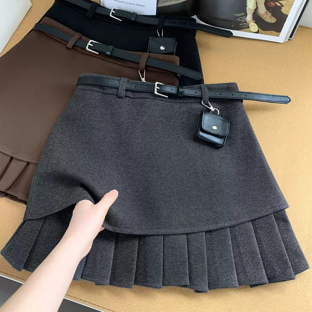 灰色百褶包臀毛呢短裙女2025秋冬季新梨形身材百搭显瘦气质半身裙