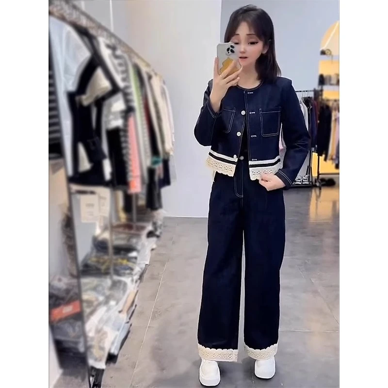 设计感时尚牛仔阔腿裤套装女春夏季新款洋气减龄牛仔短外套两件套