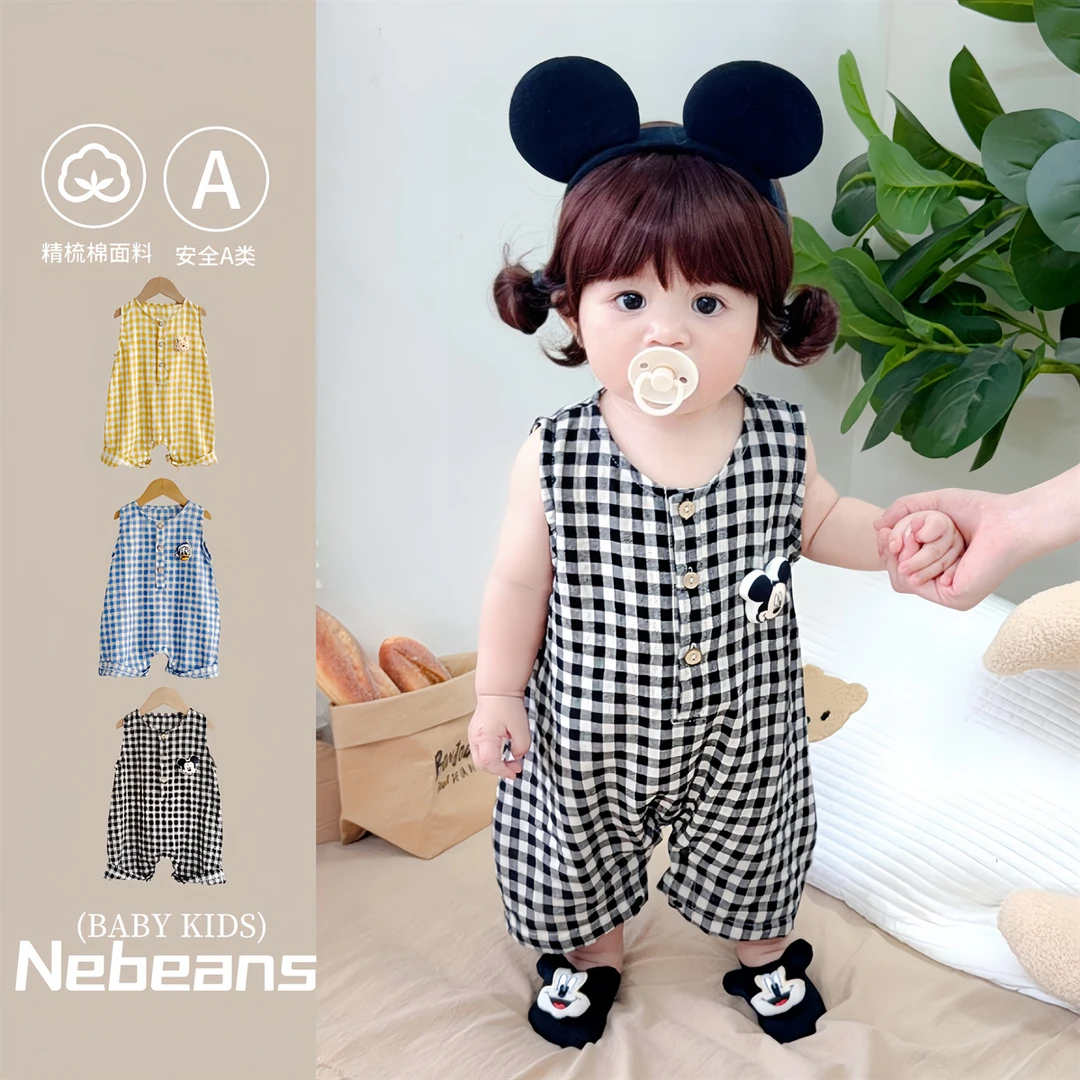 Disney/迪士尼纯棉无袖夏季婴儿连身衣卡通米老鼠男女宝背心哈衣