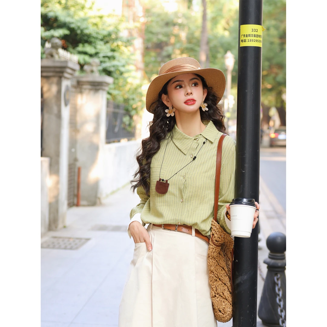 陈佳洁【竹影书声】港风复古条纹衬衫女宽松显瘦上衣JR3882236