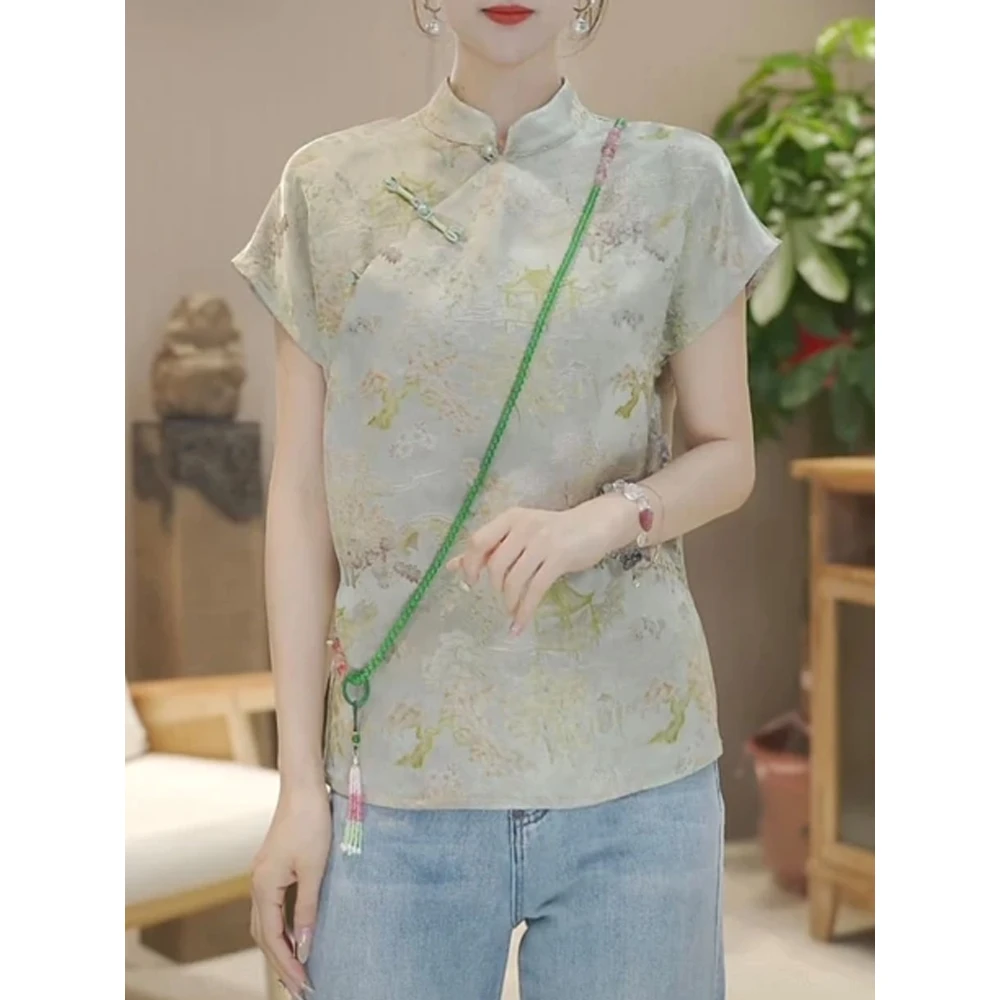 潮流国风上衣女生2026年夏季新款复古新中式百搭斜襟盘扣短袖衬衫