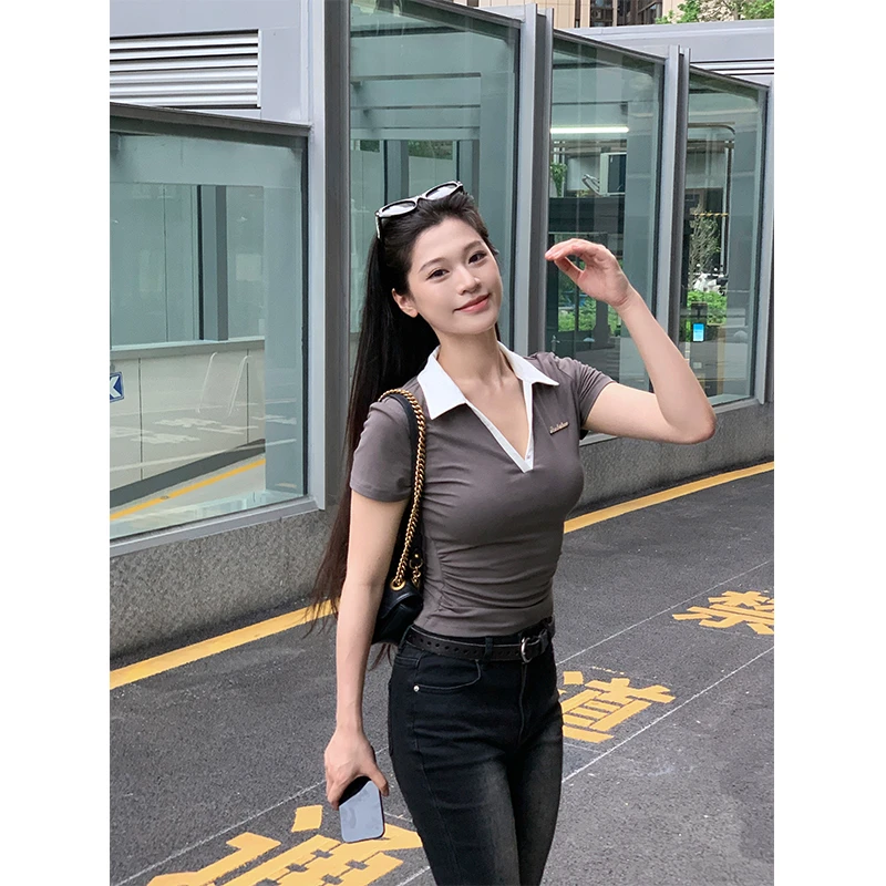 六指导 甜酷女高 美式POLO领短袖T恤女夏季撞色修身显瘦短款上衣