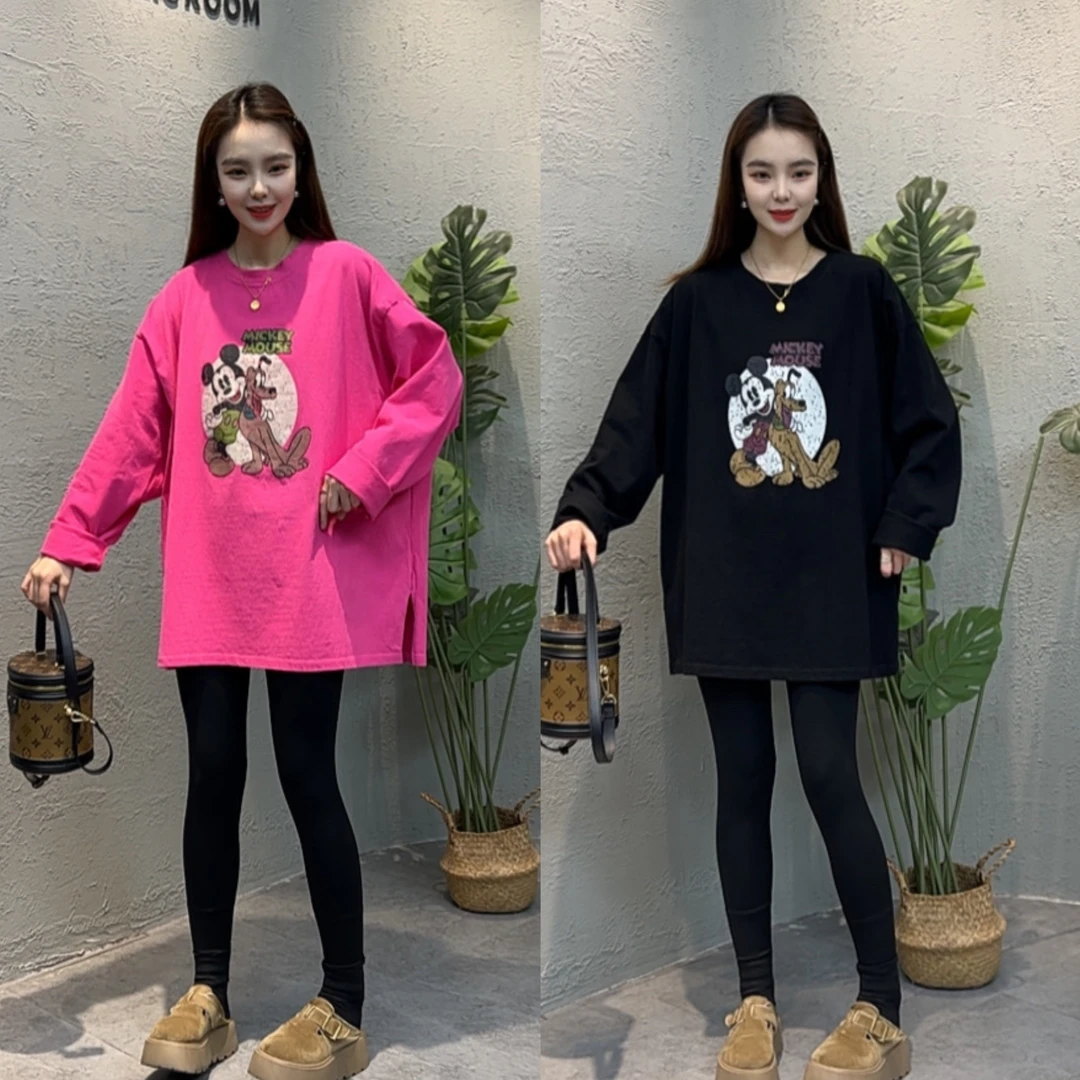 YY2071秋冬新款韩版米奇狗印花圆领侧开叉磨毛长䄂打底衫T恤女