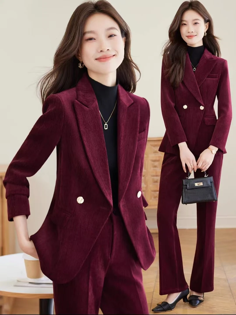 酒红色金丝绒西装外套女2025新款秋冬加厚保暖高级感休闲西服套装